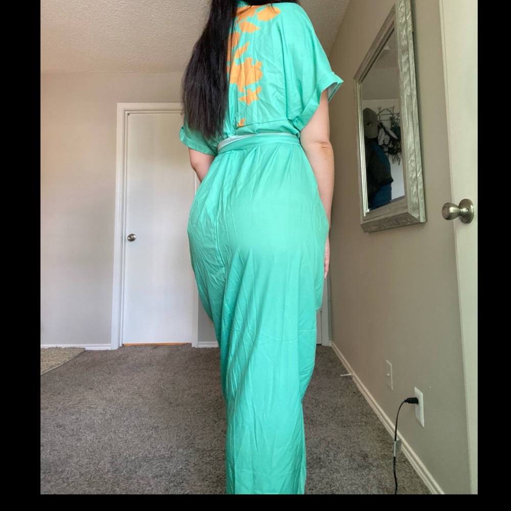 Mint contemporary maxi dress with orange accents. - Picture 14 of 16
